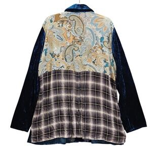 1X Velvet Paisley Plaid Embroidered Button Up Shirt Top